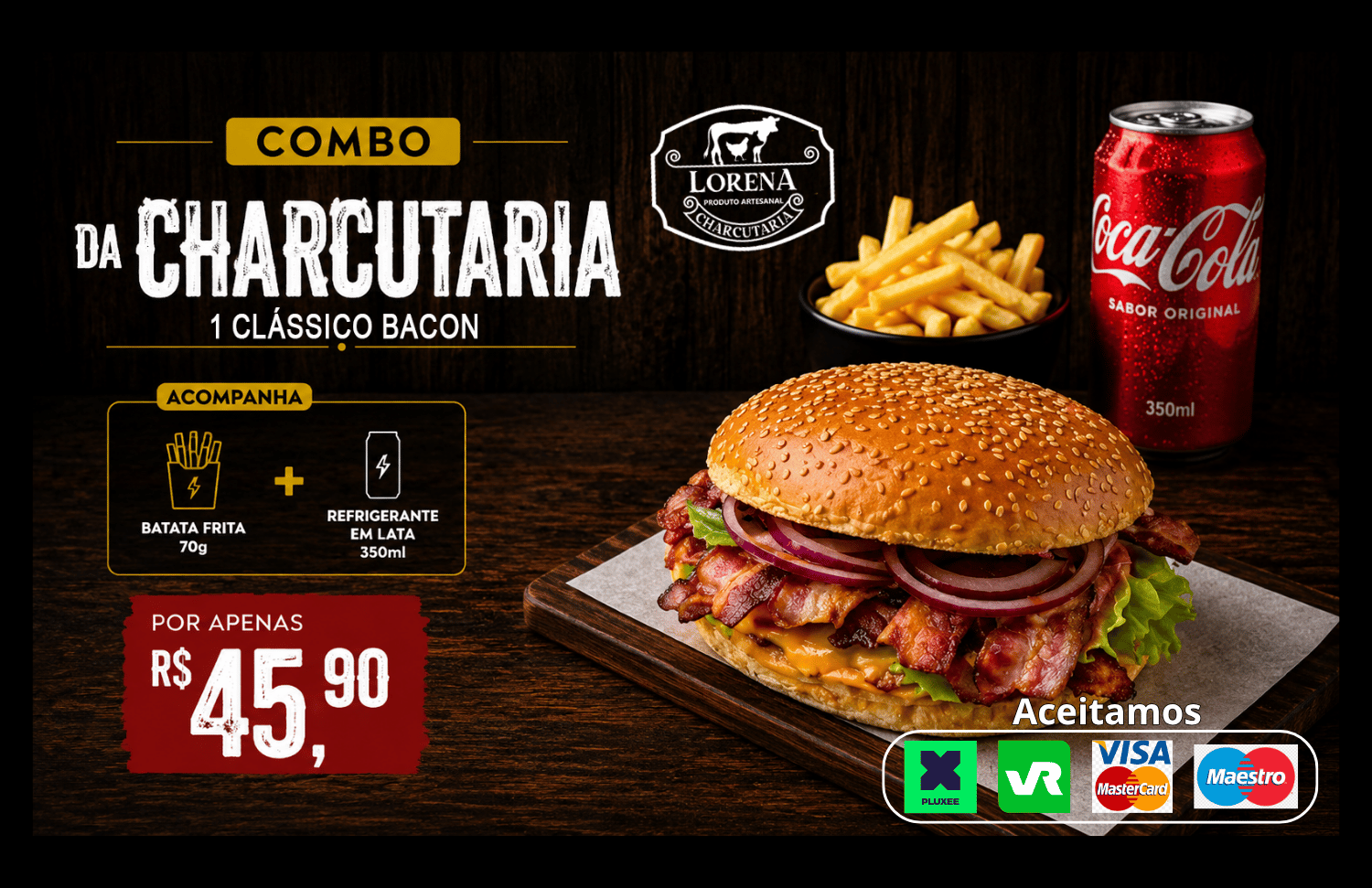 Combo da Charcutaria 1 Clássico com Bacon c/ batata 70 g 1 Refrigerante 350ml