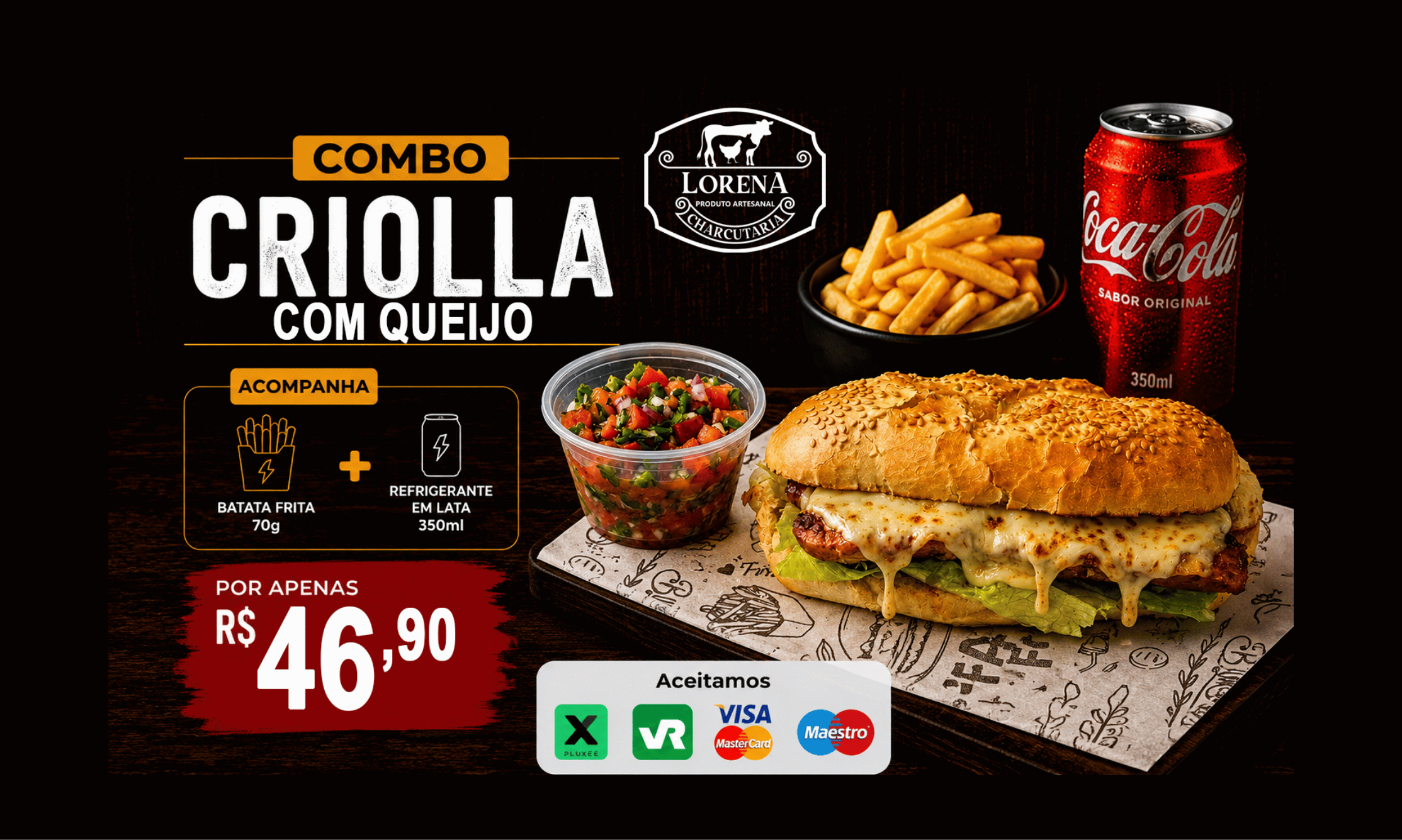 Combo Delícia Individual: 1 Criolla com queijo de 17 cm +1 batata 70g + 1 refrigerante 350 ml