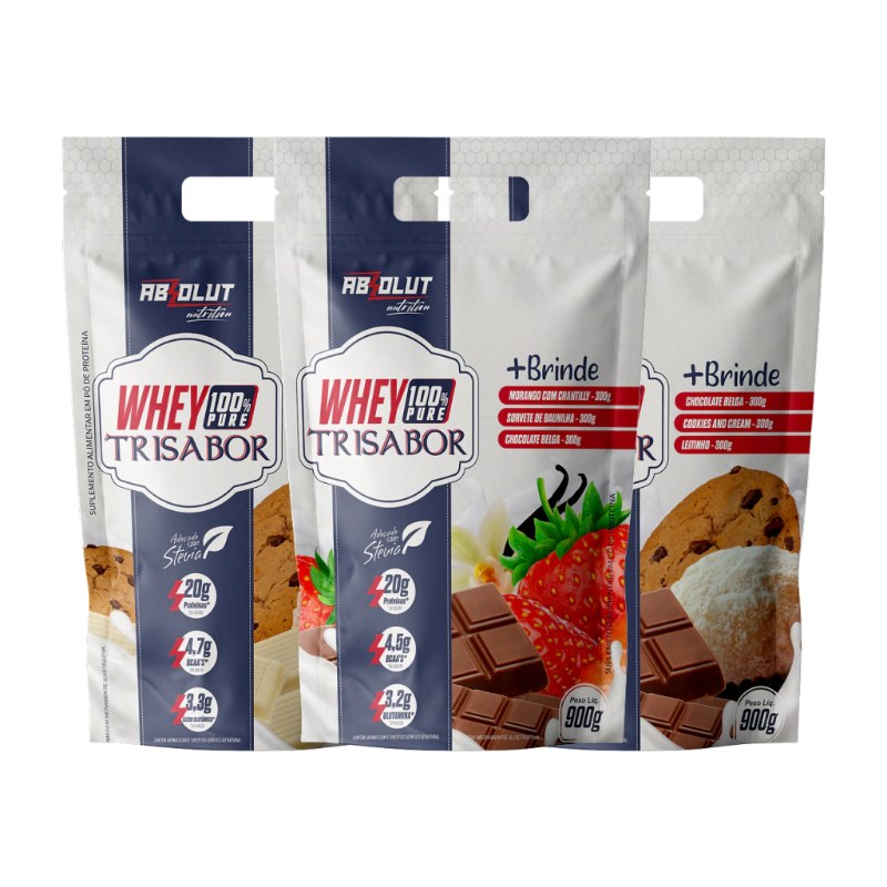 WHEY 100% PURE TRISABOR MORANGO, SORVETE E CHOCOLATE 900G - ABSOLUT