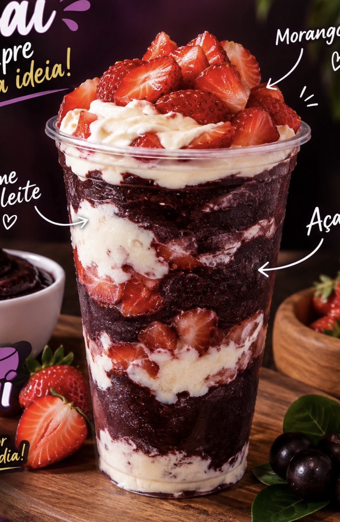Açai, Creme Condensado, Leite Ninho, Morango
