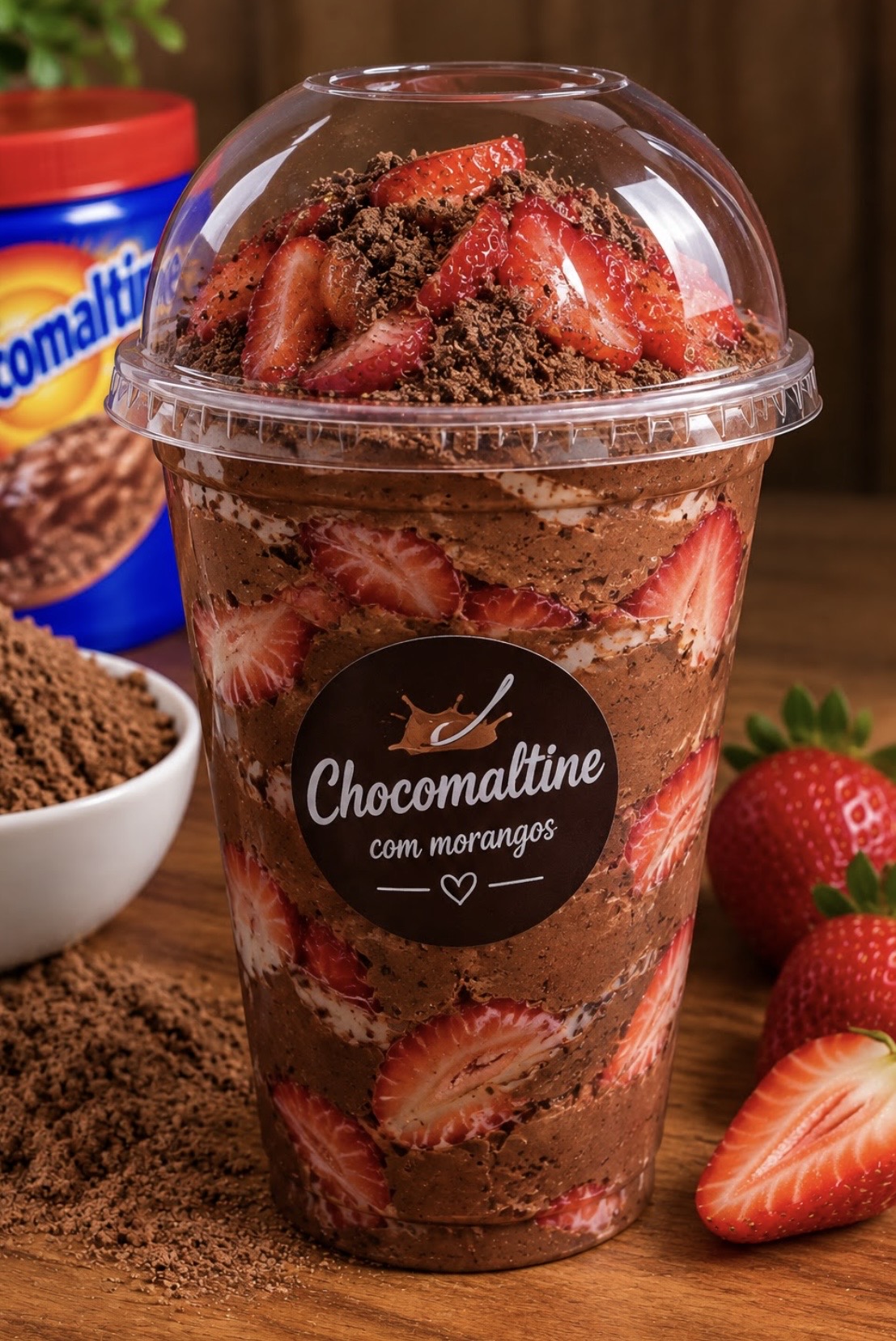 Açaí, Creme Chocomaltine, Leite Condensado, Morango