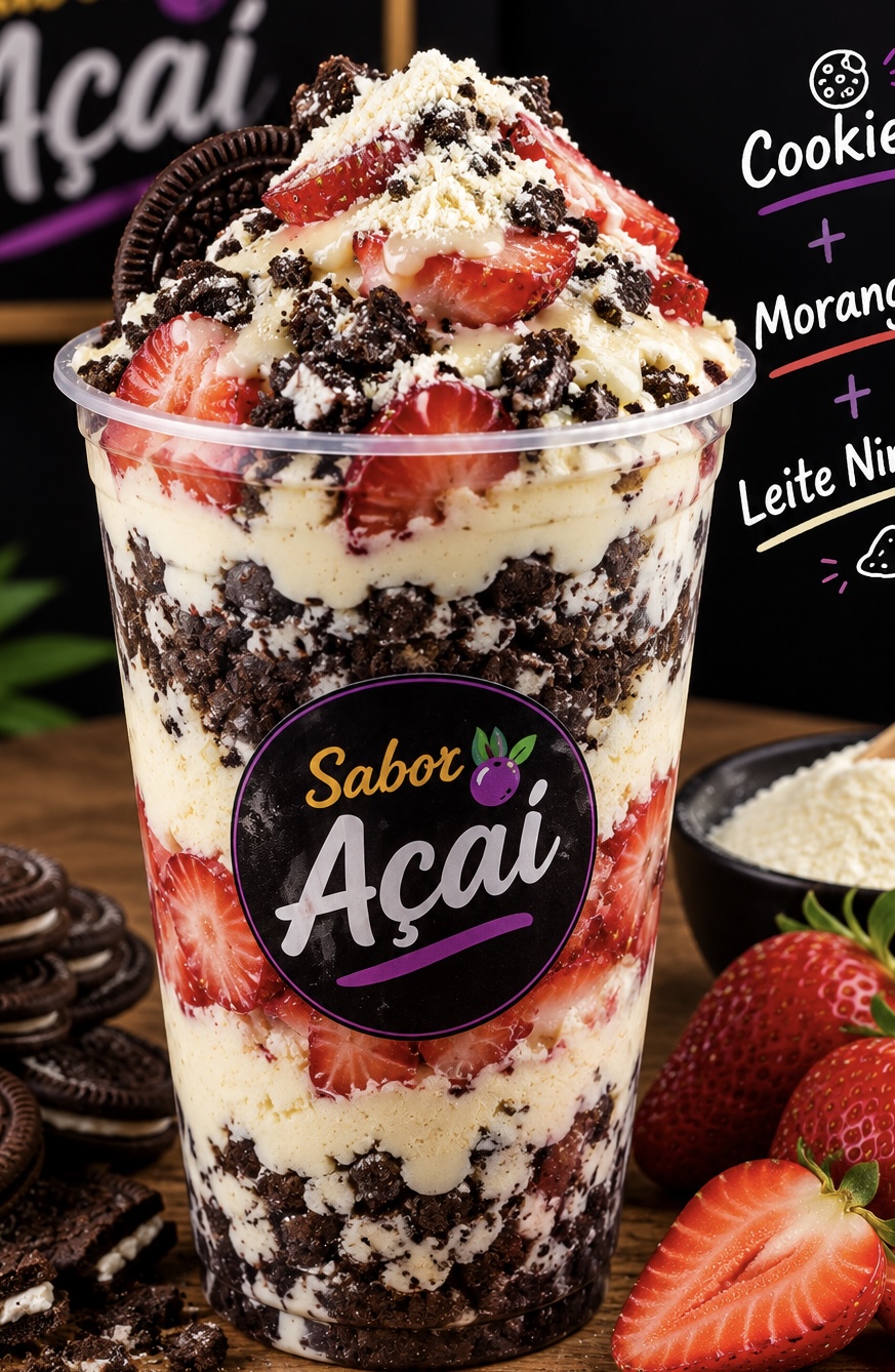 Açaí, Creme de Cookes, Leite condensado, Morango